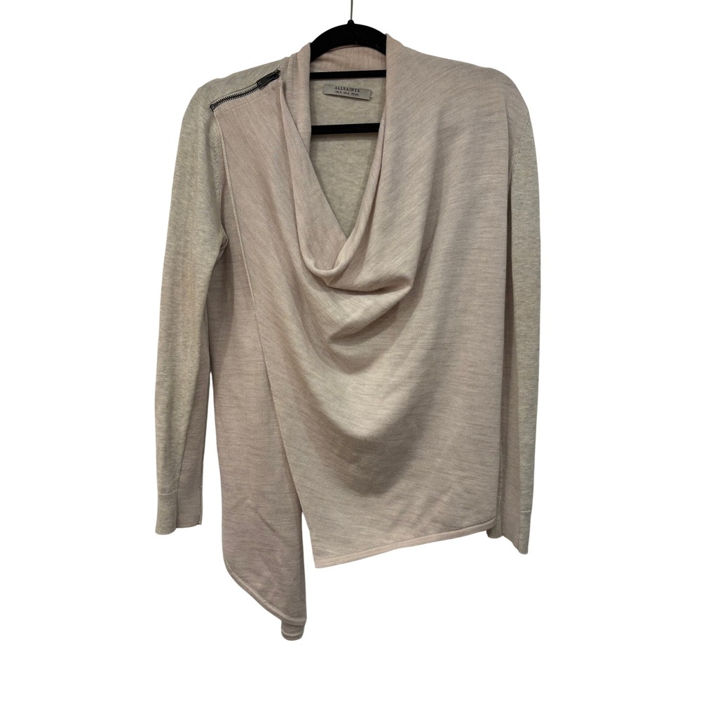 AllSaints Drina Cardigan Size 2 Womens Beige Merino Wool & Cotton Asymmetric Zip